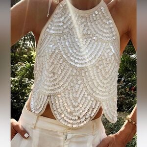 Cleo White Sequin Halter Tie Top — 12th Tribe